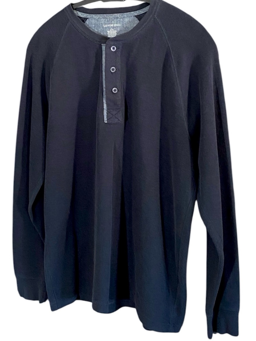 Lands’ End Men’s Henley Shirt L Navy Blue Raglan Heritage Preppy Outdoor Casual - Picture 3 of 6